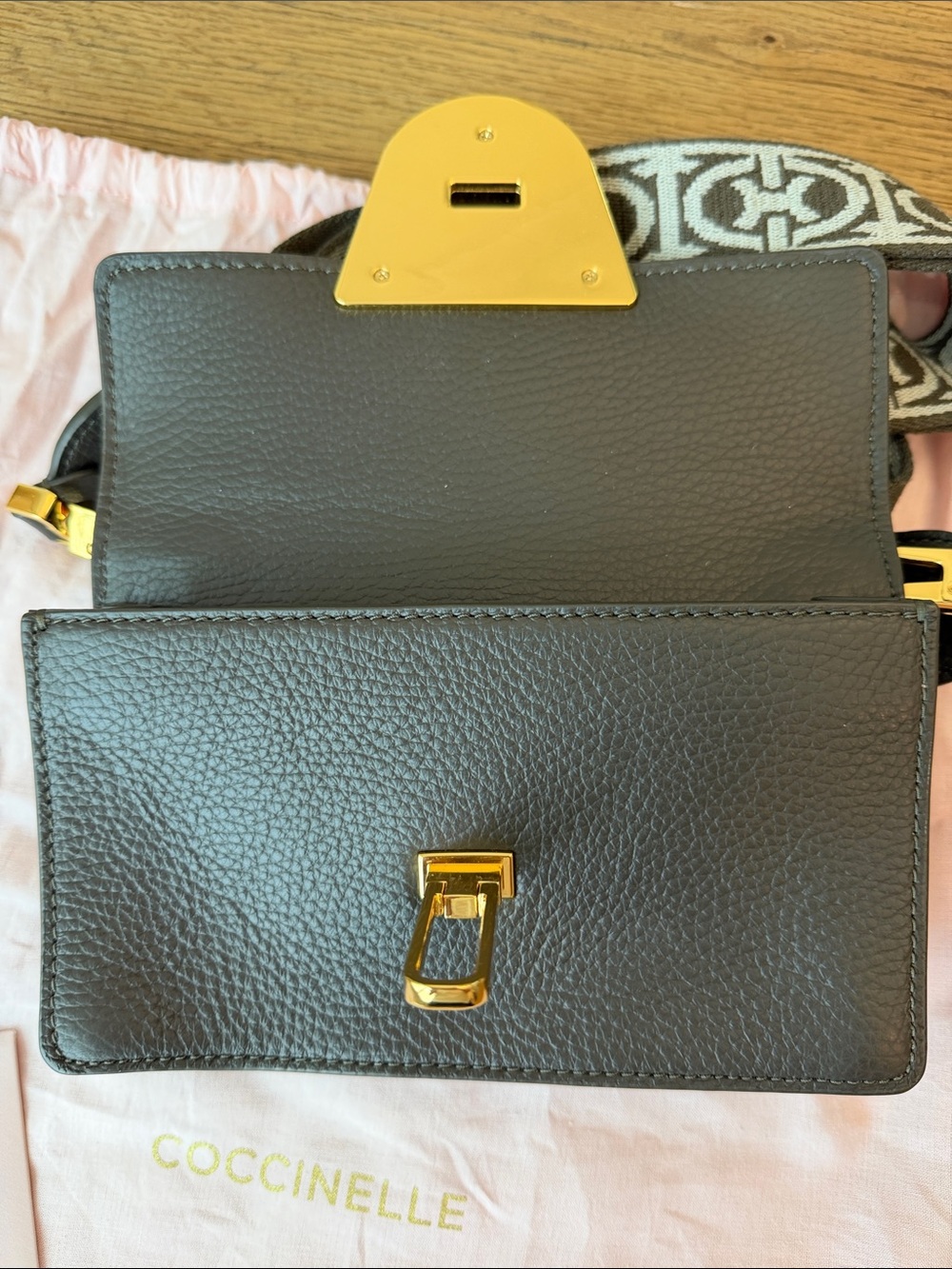 Coccinelle Charcoal Gray Leather Crossbody Bag with Logo Strap - Picture 3 of 4